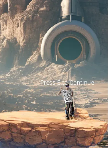 Standing before a portal in the desert cliffs