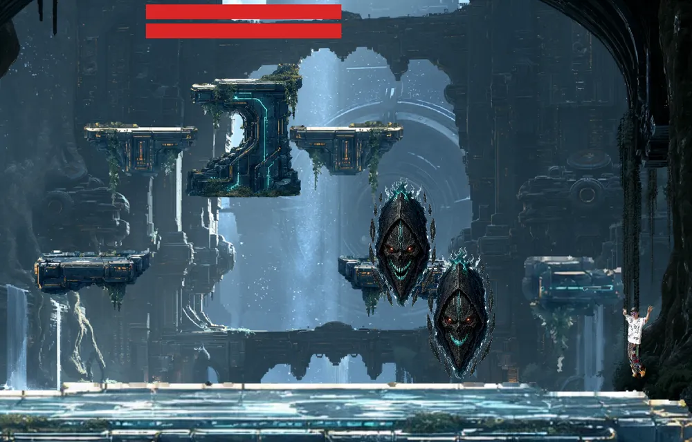 Facing masked enemies among floating ruins