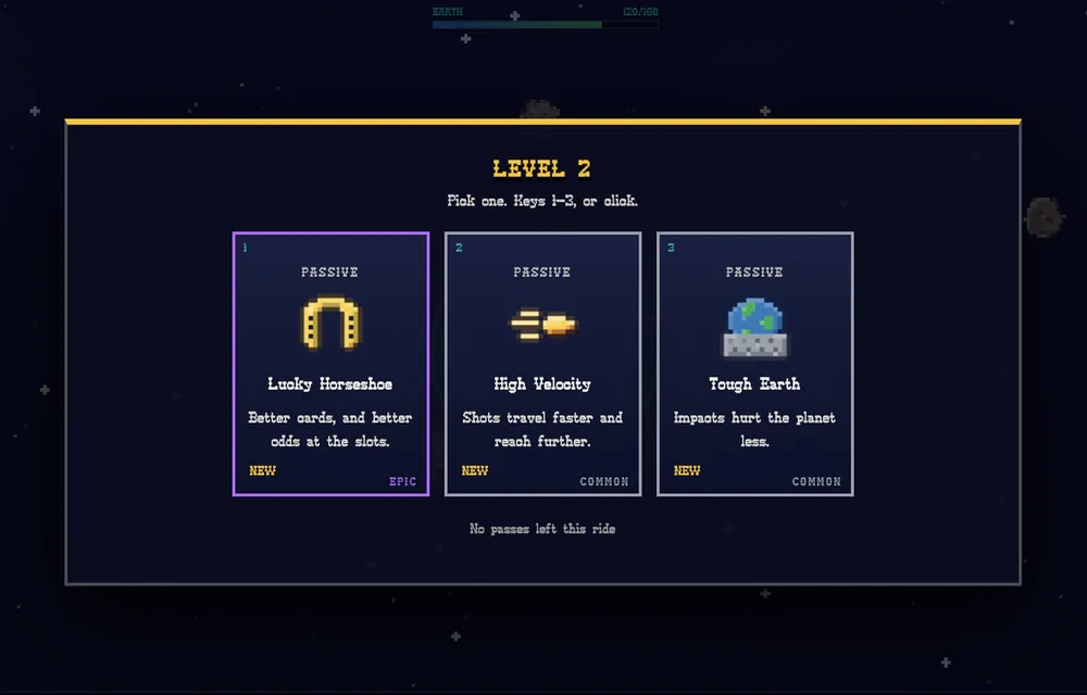 Level up screen offering three passive upgrades