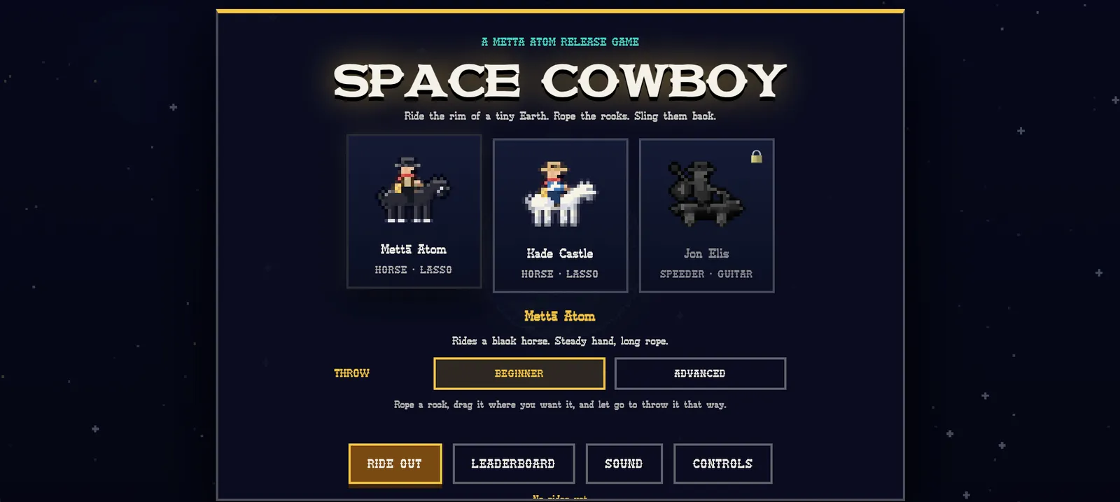 Space Cowboy title screen with the character select