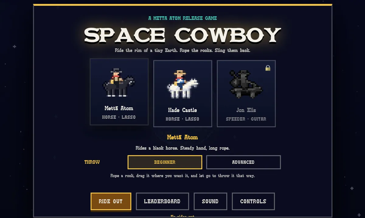 Space Cowboy title screen with the character select
